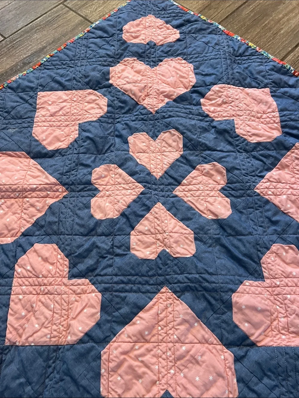 Kainani quilts Handmade baby Pink Heart Patchwork Quilt - Blue Background 32x34